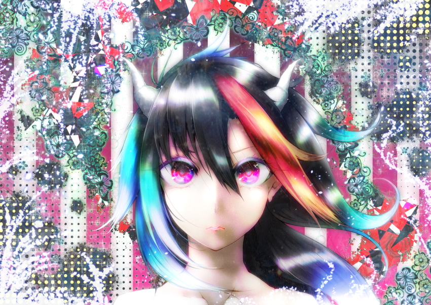 1girl black_hair blonde_hair blue_eyes butterfly check_commentary collarbone colored_eyelashes commentary_request ears expressionless face galaxy gradient_hair highres horns kijin_seija lips looking_at_viewer multicolored_hair neck polka_dot polka_dot_background redhead reflective_eyes solo space streaked_hair striped striped_background tagme touhou violet_eyes white_hair wind yellow_pupils yuxyon