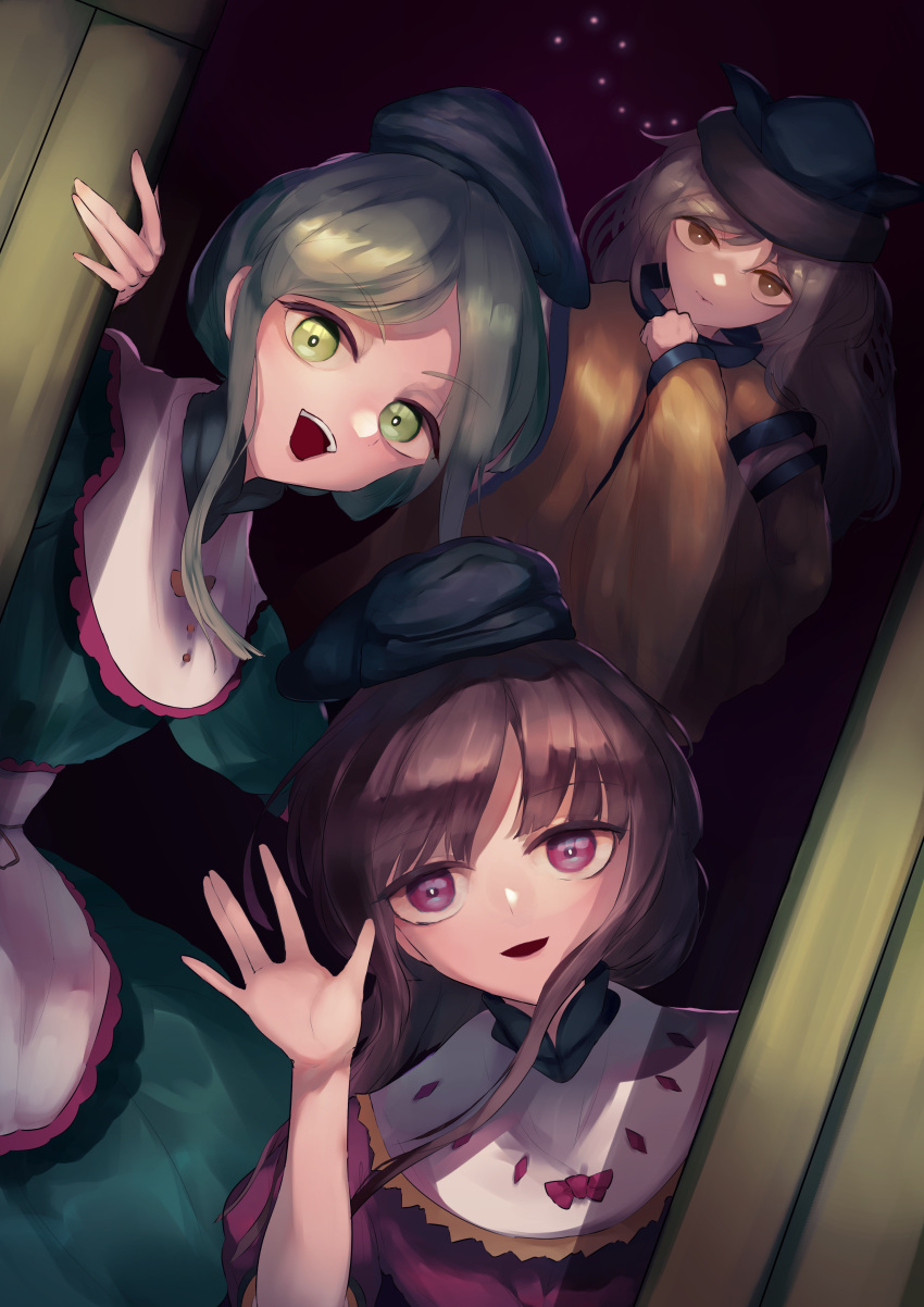 3girls \||/ absurdres apron bangs black_background black_headwear bow brown_eyes brown_hair cape closed_mouth detached_sleeves door dress eyebrows_visible_through_hair green_dress green_eyes green_hair hand_up hat highres light_brown_hair long_sleeves looking_at_viewer matara_okina multiple_girls nanaironokabi nishida_satono open_mouth orange_cape pink_bow pink_dress puffy_short_sleeves puffy_sleeves shadow shirt short_hair short_hair_with_long_locks short_sleeves simple_background smile standing teireida_mai touhou violet_eyes white_apron white_shirt wide_sleeves yellow_bow