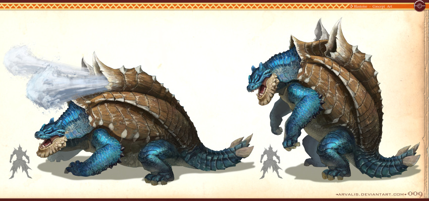 absurdres arvalis blastoise blue_skin crossover fusion height_difference highres monster monster_hunter pokemon solo_focus spikes tail ukanlos