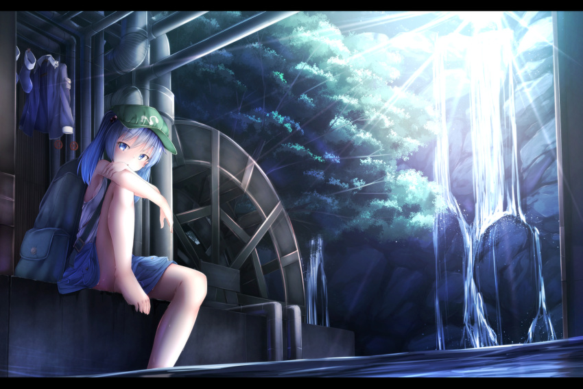 1girl backpack bag bare_arms bare_legs bare_shoulders barefoot blue_eyes blue_hair convenient_censoring forest hair_bobbles hair_ornament hat highres kawashiro_nitori leg_up looking_at_viewer machinery nature shirt sitting skirt sleeveless sleeveless_shirt solo touhou twintails upskirt water waterdog waterfall watermill