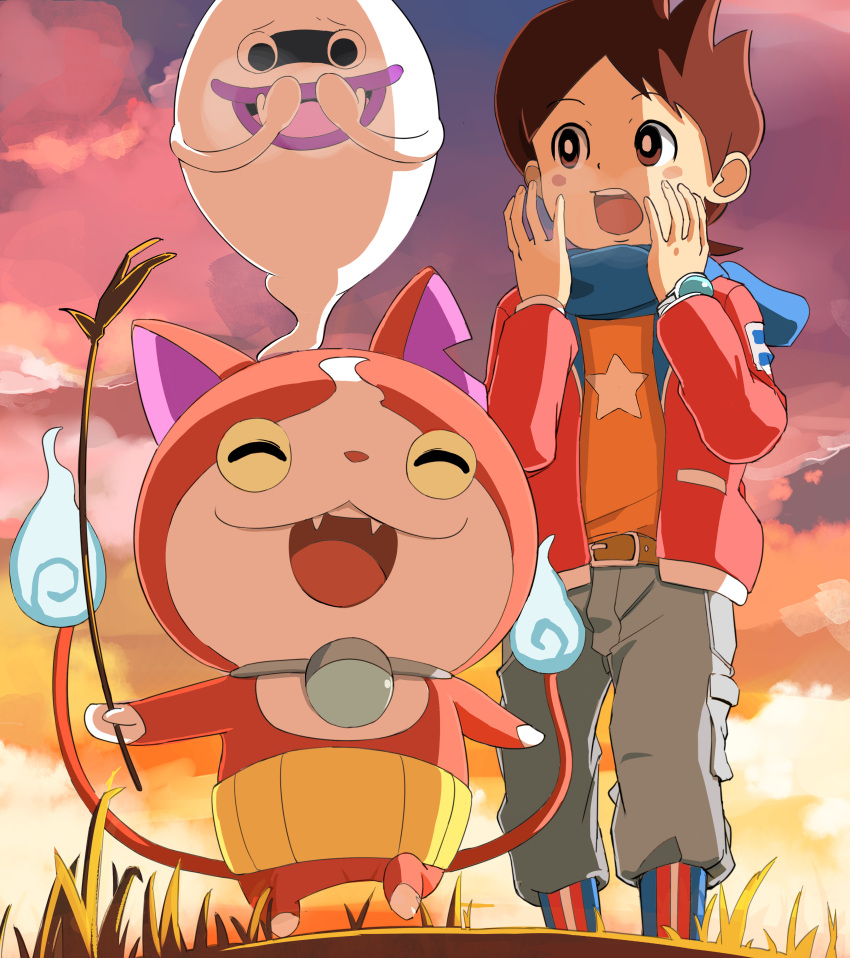 1boy absurdres amano_keita belt besuyama blush boots breathing_on_hands brown_eyes brown_hair cat fangs ghost highres jacket jibanyan multiple_tails notched_ear open_clothes open_jacket open_mouth outdoors purple_lips short_hair star tail two_tails walking watch watch whisper_(youkai_watch) youkai youkai_watch youkai_watch_(object)