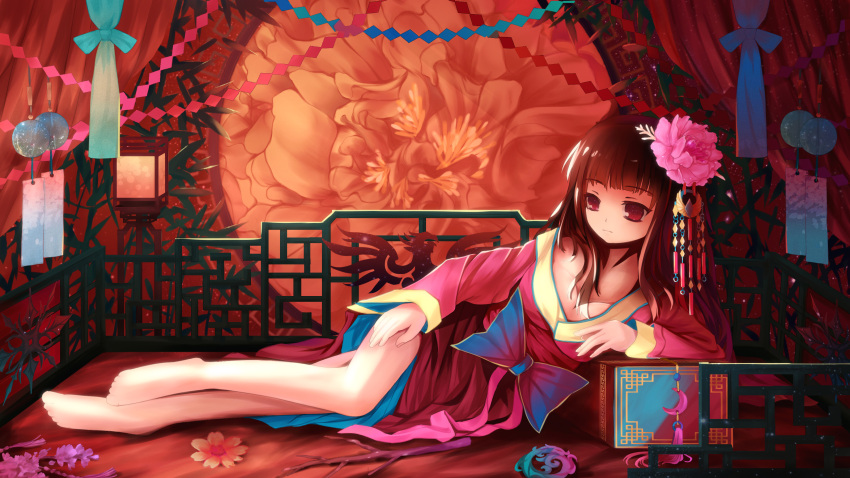 1girl absurdres alternate_costume barefoot black_hair bow breasts cleavage crescent dead_line flower full_body hair_flower hair_ornament highres houraisan_kaguya japanese_clothes long_hair long_sleeves lying off_shoulder on_side red_eyes ribbon solo tagme touhou wide_sleeves