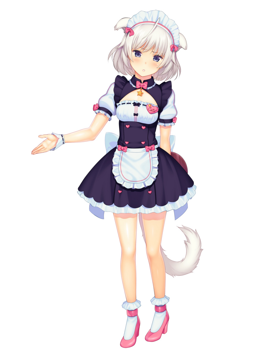 1girl absurdres animal_ears apron blue_eyes blush cat_ears cat_tail eventh7 female highres looking_at_viewer maid maid_headdress original silver_hair simple_background solo tail