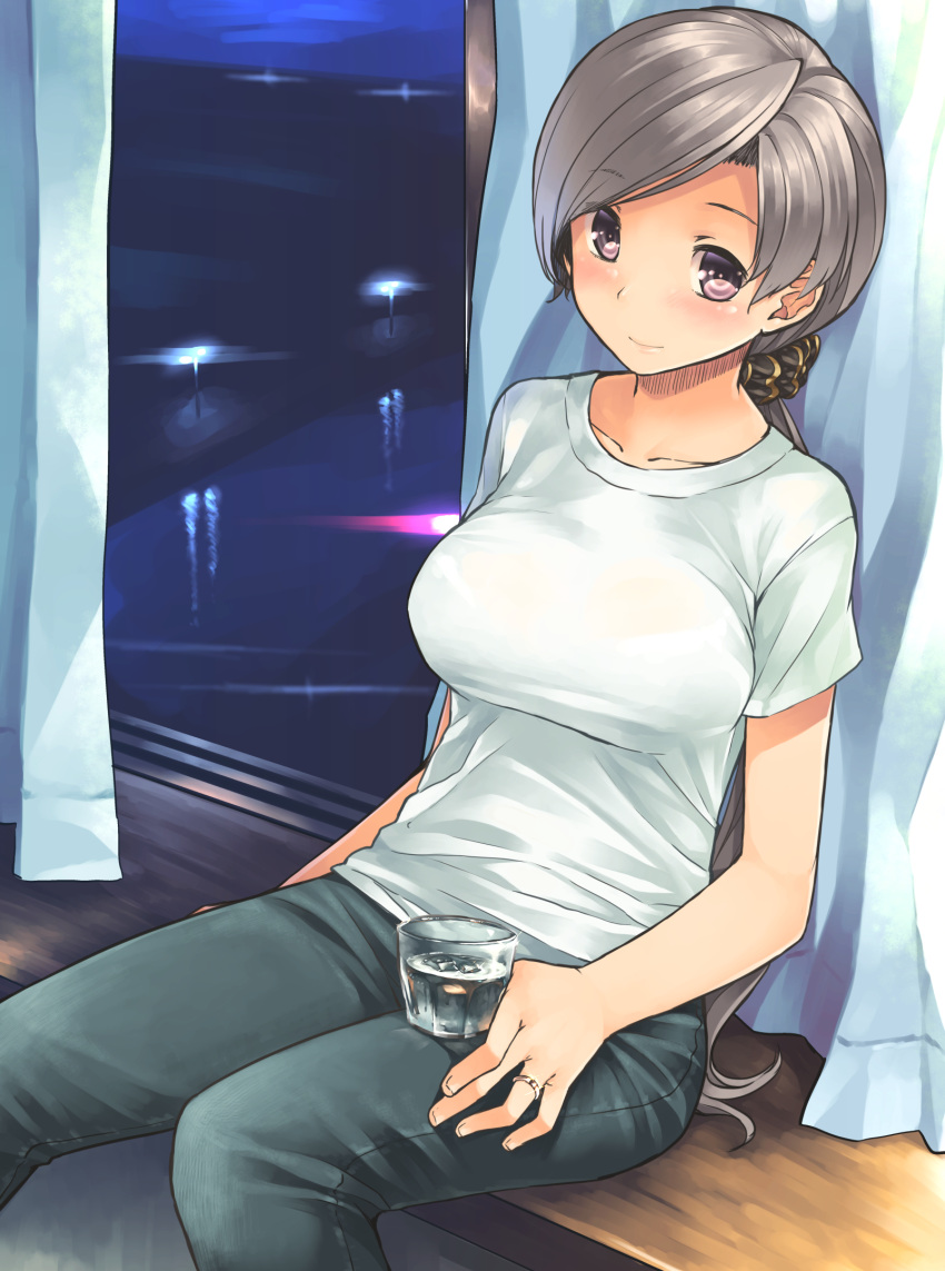 1girl aaru_(tenrake_chaya) alcohol blush bra breasts casual chitose_(kantai_collection) collarbone contemporary cowboy_shot curtains denim drinking_glass drunk grey_hair highres indoors jeans jewelry kantai_collection lamppost large_breasts long_hair looking_at_viewer night pants ponytail ring see-through shirt short_sleeves sitting smile solo t-shirt taut_clothes taut_shirt underwear wet wet_clothes wet_shirt window windowsill