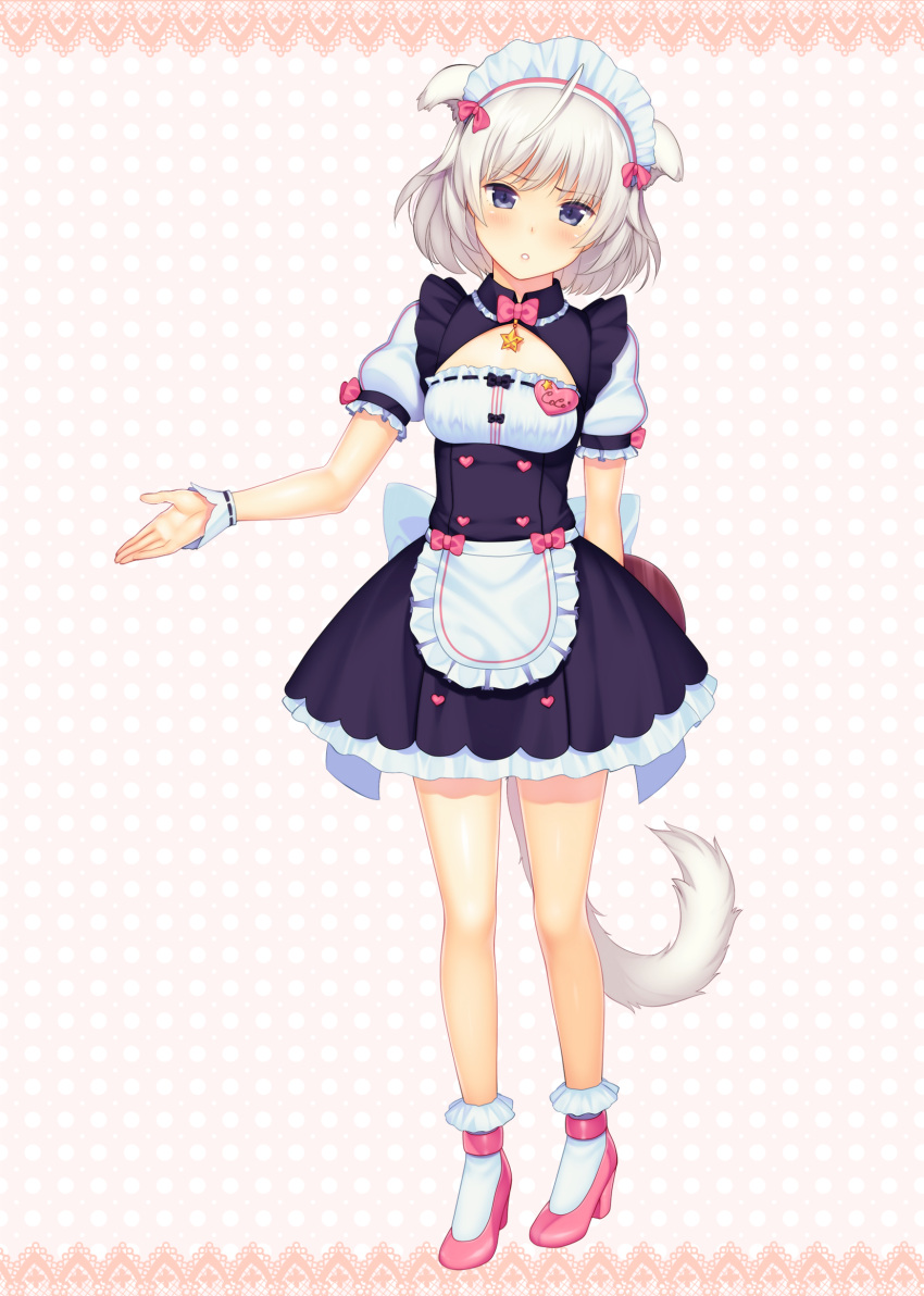 1girl absurdres animal_ears apron blue_eyes blush eventh7 highres looking_at_viewer maid maid_headdress silver_hair solo tail
