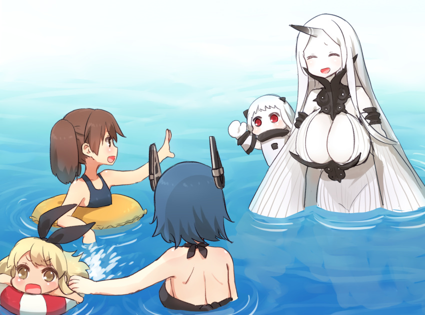 5girls :d ^_^ bare_shoulders bikini blonde_hair breasts brown_eyes brown_hair chibi closed_eyes detached_sleeves hairband headgear horn horns innertube kantai_collection large_breasts long_hair long_sleeves mittens multiple_girls northern_ocean_hime open_mouth purple_hair red_eyes ryuujou_(kantai_collection) sad_fuka school_swimsuit seaport_water_oni shimakaze_(kantai_collection) shinkaisei-kan short_hair smile swimsuit tenryuu_(kantai_collection) twintails very_long_hair waving white_background
