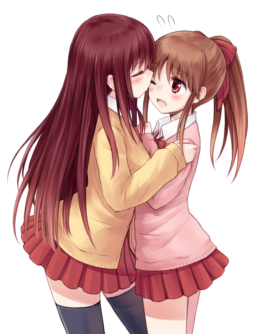 2girls blush breasts brown_hair cardigan closed_eyes commentary_request highres incoming_kiss long_hair matsumi_kuro multiple_girls one_eye_closed open_mouth ponytail red_eyes saki saki_achiga-hen school_uniform suzushiro_yukari takakamo_shizuno thigh-highs yuri