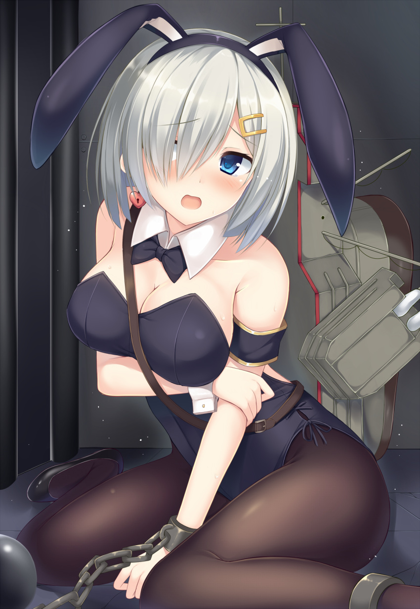 1girl alternate_costume animal_ears armband ball_and_chain_restraint bare_shoulders black_legwear blue_eyes blush bowtie breasts bunnysuit chain cleavage detached_collar hair_ornament hair_over_one_eye hairclip hamakaze_(kantai_collection) heart-shaped_lock highres jewelry kantai_collection large_breasts looking_at_viewer open_mouth pantyhose rabbit_ears short_hair silver_hair single_earring sitting solo tears tomoo_(tomo) wariza wrist_cuffs