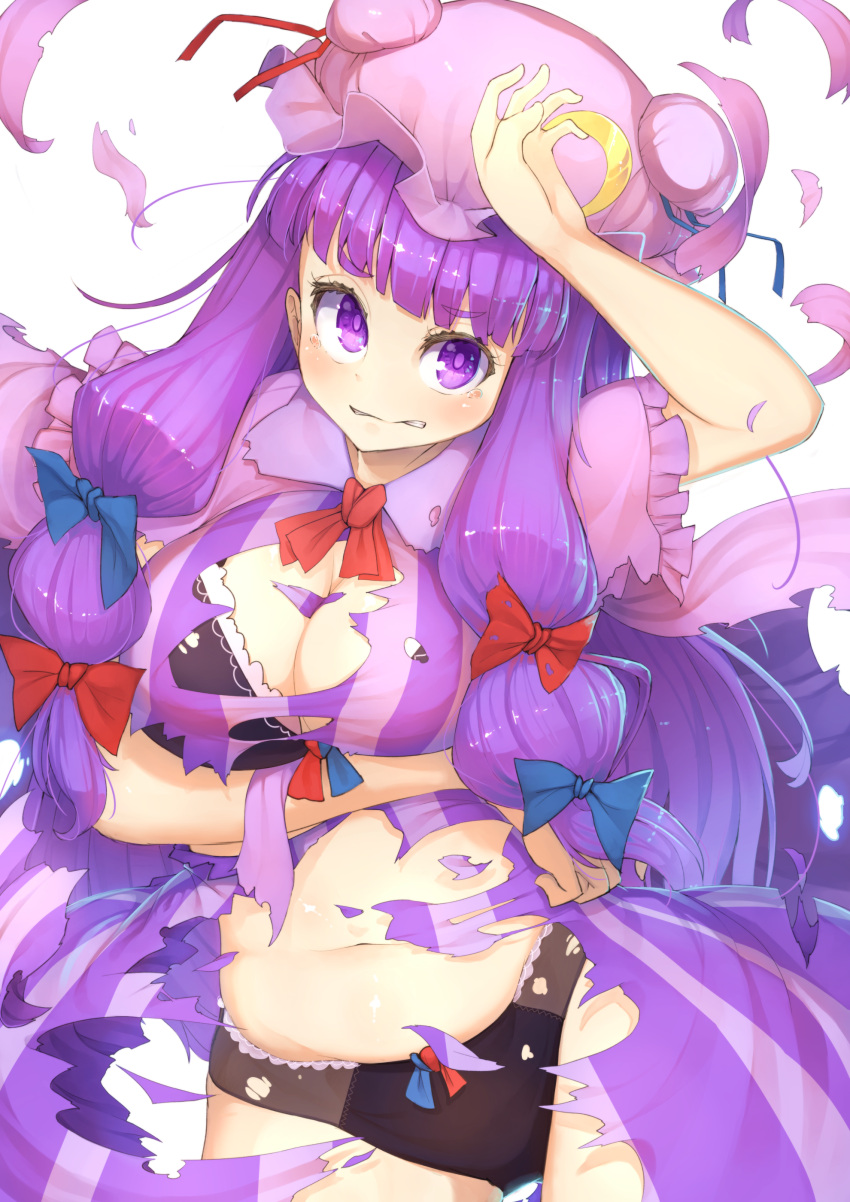 1girl absurdres arm_up black_bra black_panties blush bra breasts cleavage commentary_request crop_top dress hair_ribbon highres large_breasts long_hair looking_at_viewer midriff mob_cap navel oruka_(kamituki0827) panties patchouli_knowledge purple_hair ribbon solo striped striped_dress tears torn_clothes torn_dress touhou tress_ribbon underwear very_long_hair violet_eyes