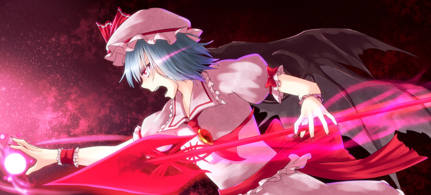 1girl ascot bat_wings blue_hair brooch energy_ball fangs fingernails gradient gradient_background hat hat_ribbon highres jewelry light_trail mob_cap nail_polish open_mouth outstretched_hand profile puffy_short_sleeves puffy_sleeves red_background red_eyes red_nails remilia_scarlet ribbon sash sharp_fingernails sharp_teeth short_hair short_sleeves skirt skirt_set solo spear_the_gungnir touhou wings wrist_cuffs zeramu