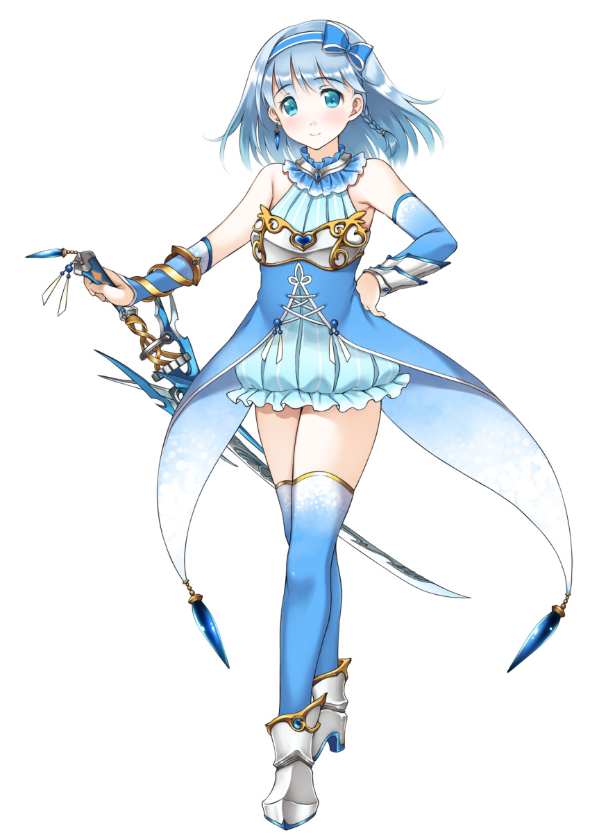 1girl bare_shoulders blue_eyes blue_hair blue_legwear boots braid character_request copyright_request detached_sleeves dress earrings hand_on_hip highres jewelry looking_at_viewer ren_san short_hair solo sword thigh-highs weapon