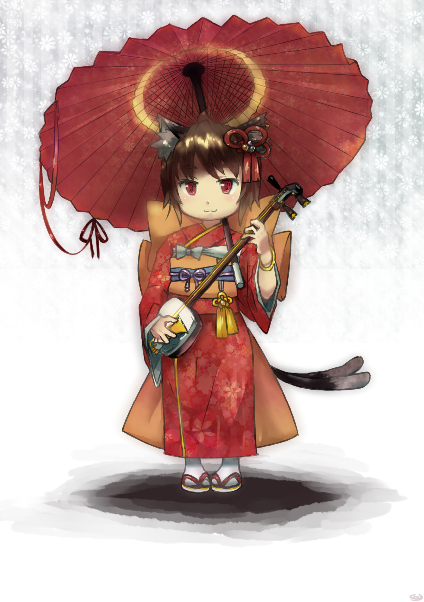1girl :3 absurdres alternate_costume animal_ears bracelet brown_hair cat_ears cat_tail chen floral_background floral_print full_body gradient gradient_background hair_ornament highres instrument japanese_clothes jewelry kimono long_sleeves looking_at_viewer multiple_tails obi oriental_umbrella plectrum pmx red_eyes sandals sash shamisen short_hair solo tail touhou umbrella