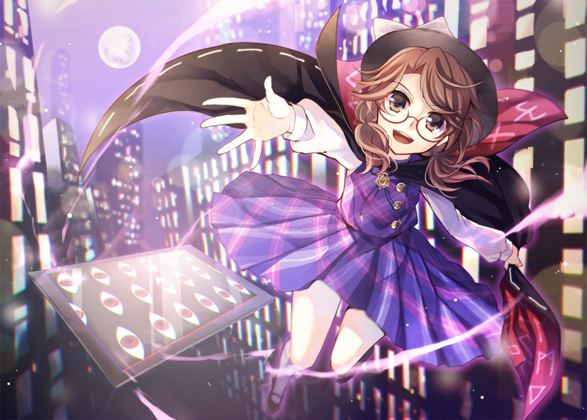 1girl brown_eyes brown_hair cape card city cityscape dress eyes flying full_body full_moon glasses hat hat_ribbon kaede_(mmkeyy) kneehighs long_sleeves looking_at_viewer low_twintails mary_janes moon open_mouth outstretched_arms plaid plaid_dress red-framed_glasses ribbon shoes short_hair smile solo touhou twintails upskirt usami_sumireko vest white_legwear