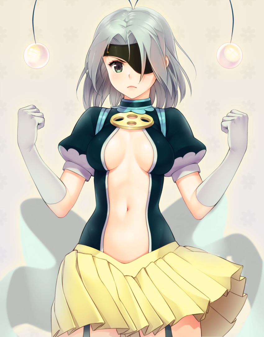 1girl antennae breasts cleavage elbow_gloves eventh7 eyepatch gloves green_eyes grey_hair highres navel open_clothes pleated_skirt short_hair skirt solo stomach