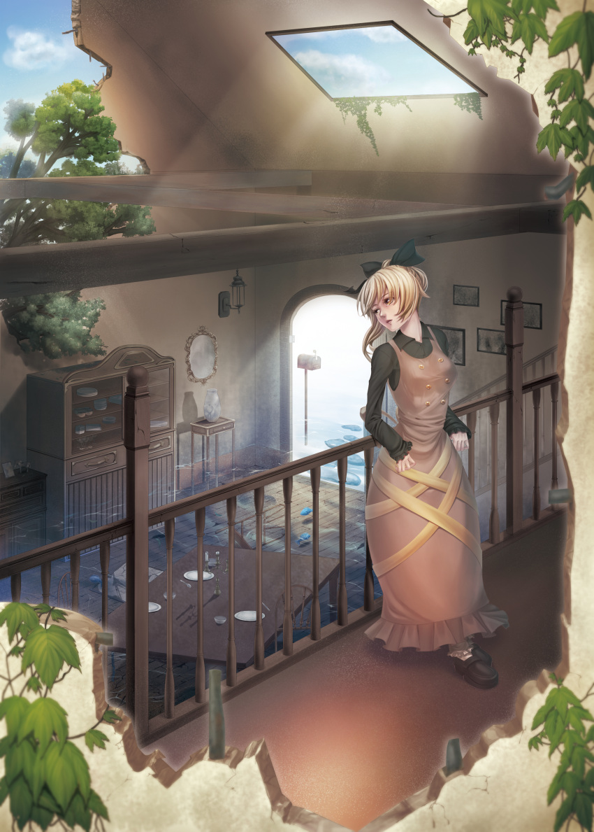 1girl absurdres black_shirt black_shoes blonde_hair blue_sky blurry bow bowl breasts brown_dress cabinet candle candlestand clouds collared_shirt depth_of_field dress fish flood hair_bow highres ivy kurodani_yamame lantern light_rays long_sleeves looking_back mailbox mikan@renshu-chu mirror overgrown picture_(object) plate ruins serious shirt shoes short_hair sky socks solo stairway standing stepping_stones sunlight table touhou tree vase water wind window wooden_beam