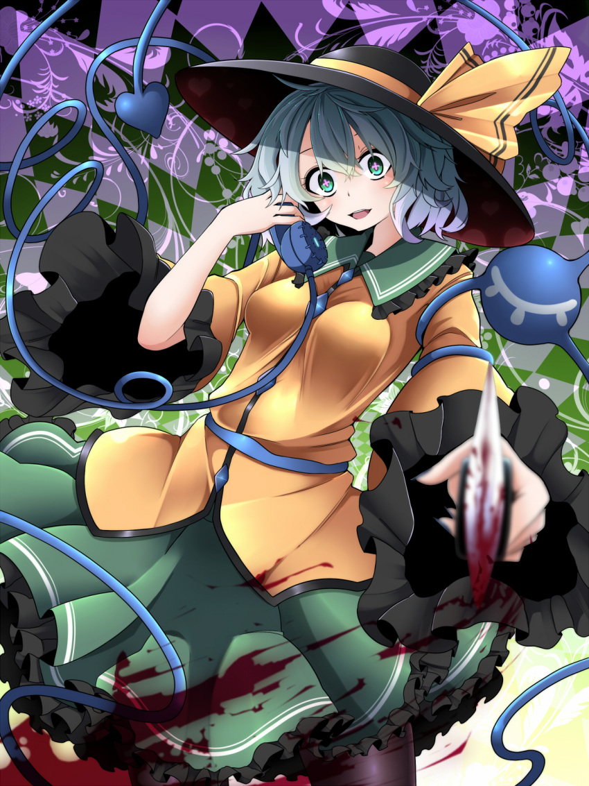 +_+ 1girl aiming_at_viewer black_legwear blood bloody_clothes bloody_knife commentary_request hat hat_ribbon highres komeiji_koishi long_sleeves mary-san open_mouth pantyhose parody phone ribbon rihito_(usazukin) shirt skirt solo third_eye touhou wide_sleeves