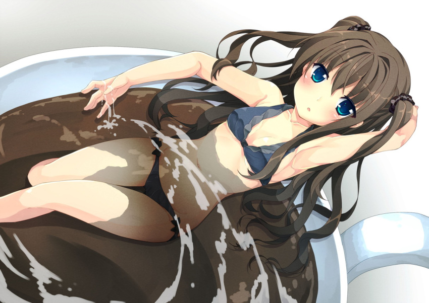 1girl bathing bikini blue_bikini blue_eyes brown_hair coffee coffee_cup long_hair minigirl original oruto_(ort+) scrunchie solo swimsuit two_side_up very_long_hair