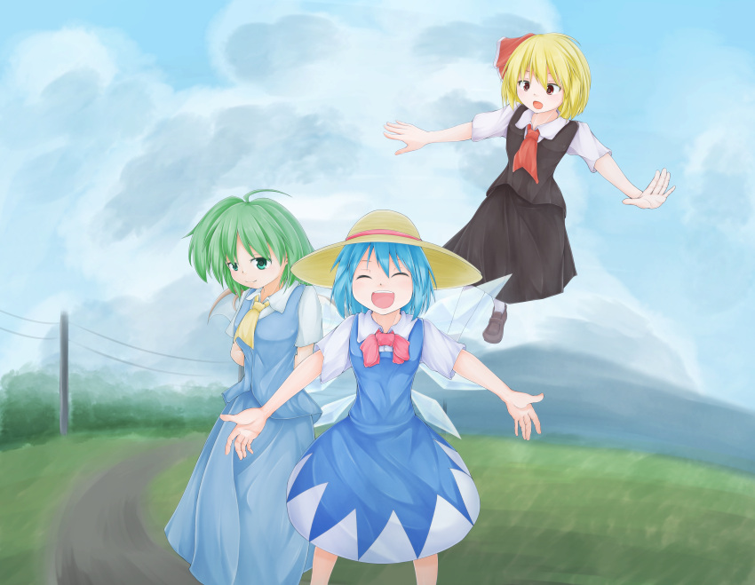 3girls absurdres alternate_headwear arms_behind_back ascot blonde_hair blue_dress blue_hair cirno closed_eyes clouds cloudy_sky daiyousei dress facing_viewer fairy_wings flying grass green_eyes green_hair hair_ribbon hat highres loafers looking_at_another looking_at_viewer mountain multiple_girls open_mouth outdoors outstretched_arms pantyhose red_eyes ribbon road rumia shoes short_hair short_sleeves shou_(ahiru_shinobu) side_ponytail skirt skirt_set sky smile spread_arms standing straw_hat telephone_pole touhou white_legwear wings