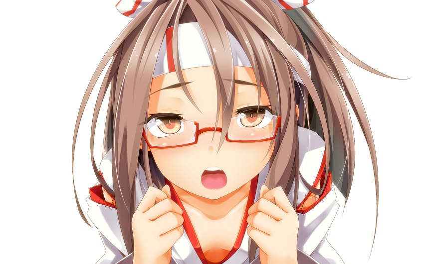 1girl bespectacled brown_eyes brown_hair glasses hachimaki hair_ribbon headband highres japanese_clothes kantai_collection looking_at_viewer ogami_kazuki open_mouth red-framed_glasses ribbon semi-rimless_glasses simple_background solo under-rim_glasses white_background zuihou_(kantai_collection)