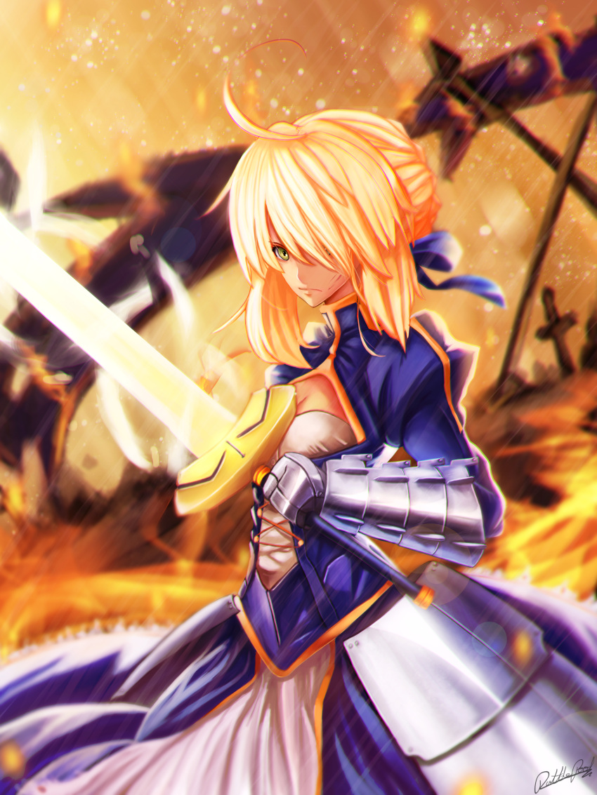 1girl absurdres ahoge armor blonde_hair dress excalibur fate/stay_night fate_(series) gauntlets glowing glowing_sword glowing_weapon green_eyes hair_over_one_eye hair_ribbon highres rattlepool ribbon saber solo weapon