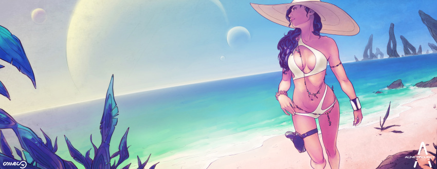 1girl absurdres aline aline_project beach belly_chain bikini black_hair bracelet breasts cowboy_shot gun hair_over_shoulder handgun hat highres holster horizon jewelry lips looking_back mike_a._calles mole mole_under_eye multiple_moons navel nose ocean pistol science_fiction sideboob single_strap solo sun_hat swimsuit thigh_holster walking weapon white_bikini white_swimsuit