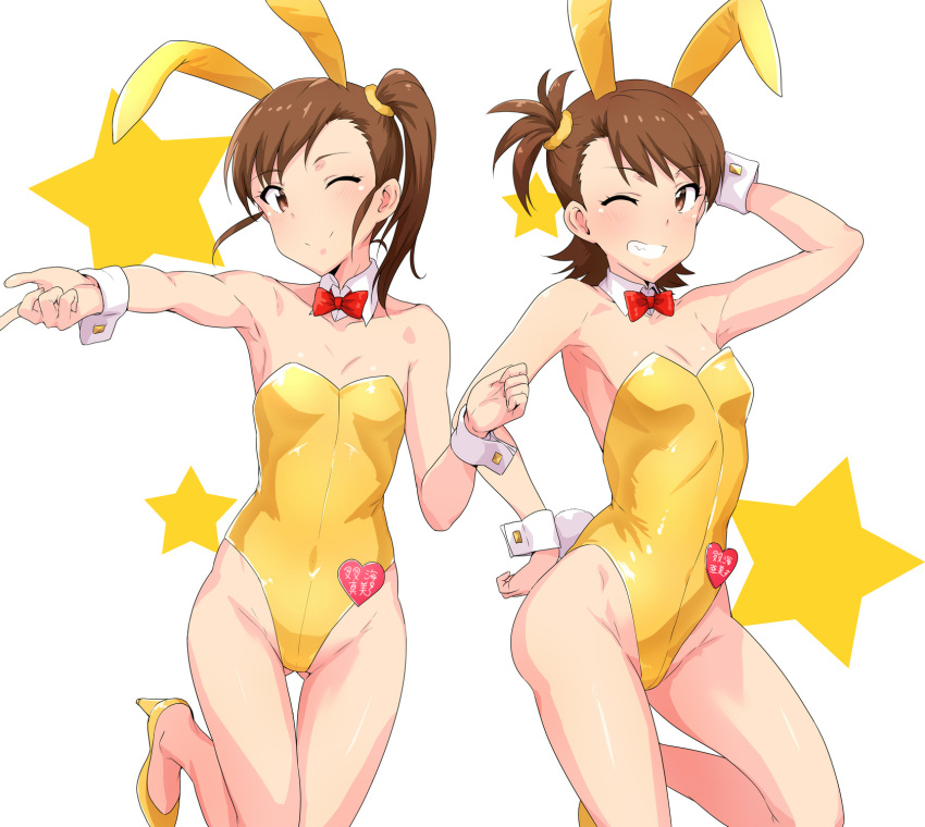 2girls animal_ears bare_arms bare_legs bare_shoulders brown_eyes brown_hair bunny_tail bunnysuit detached_sleeves futami_ami futami_mami grin high_heels highleg highleg_leotard highres idolmaster leotard multiple_girls one_eye_closed pose rabbit_ears siblings side_ponytail sisters smile standing_on_one_leg star tail tsurui twins wrist_cuffs