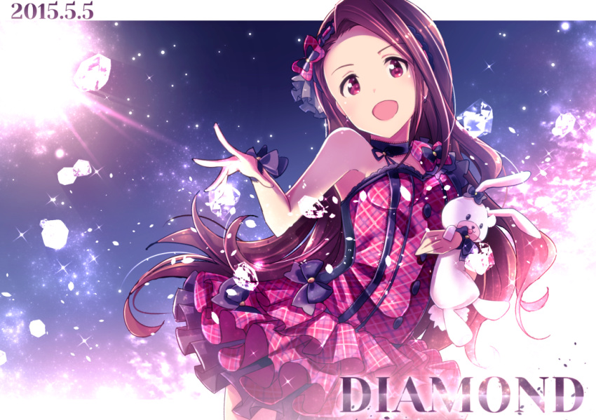 1girl :d bow brown_eyes brown_hair choker cowboy_shot dated diamond dress earrings glowing hair_bow hair_ornament hairband idolmaster ima_(lm_ew) jewelry light_particles long_hair looking_at_viewer minase_iori open_mouth petticoat plaid plaid_bow plaid_dress sleeveless sleeveless_dress smile solo sparkle stuffed_animal stuffed_bunny stuffed_toy sun wrist_cuffs