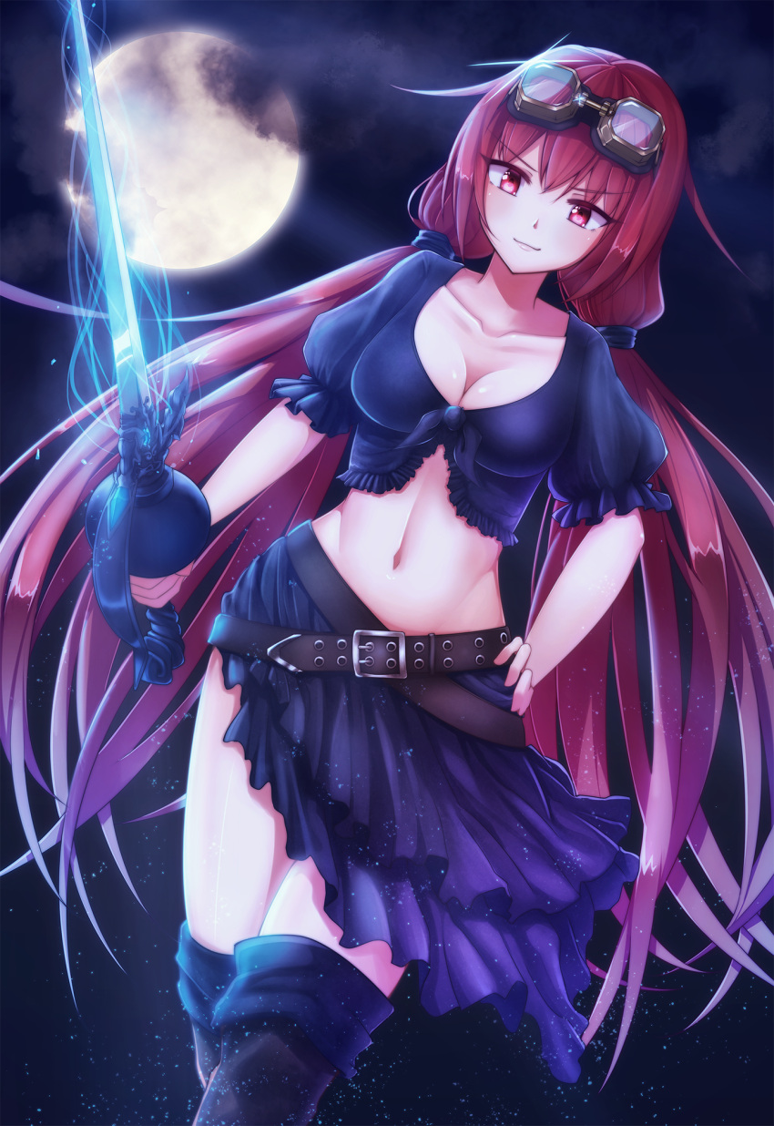 &gt;:) 1girl belt boots breasts cleavage clouds collarbone cowboy_shot crop_top dust dutch_angle fal full_moon glint glowing glowing_sword glowing_weapon goggles goggles_on_head hand_on_hip highres light_smile long_hair looking_at_viewer low_twintails midriff moon navel night original outdoors rapier red_eyes redhead short_sleeves skirt solo sword thigh-highs thigh_boots twintails very_long_hair weapon zettai_ryouiki