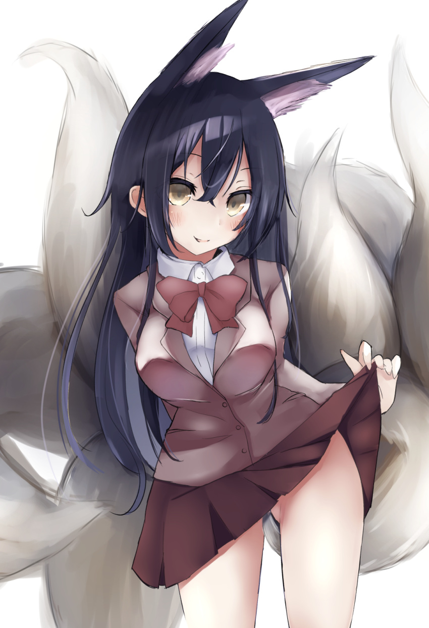 1girl ahri alternate_costume animal_ears black_hair blush breasts fox_ears fox_tail harenchi highres league_of_legends long_hair looking_at_viewer multiple_tails simple_background sketch smile solo tail white_background yellow_eyes