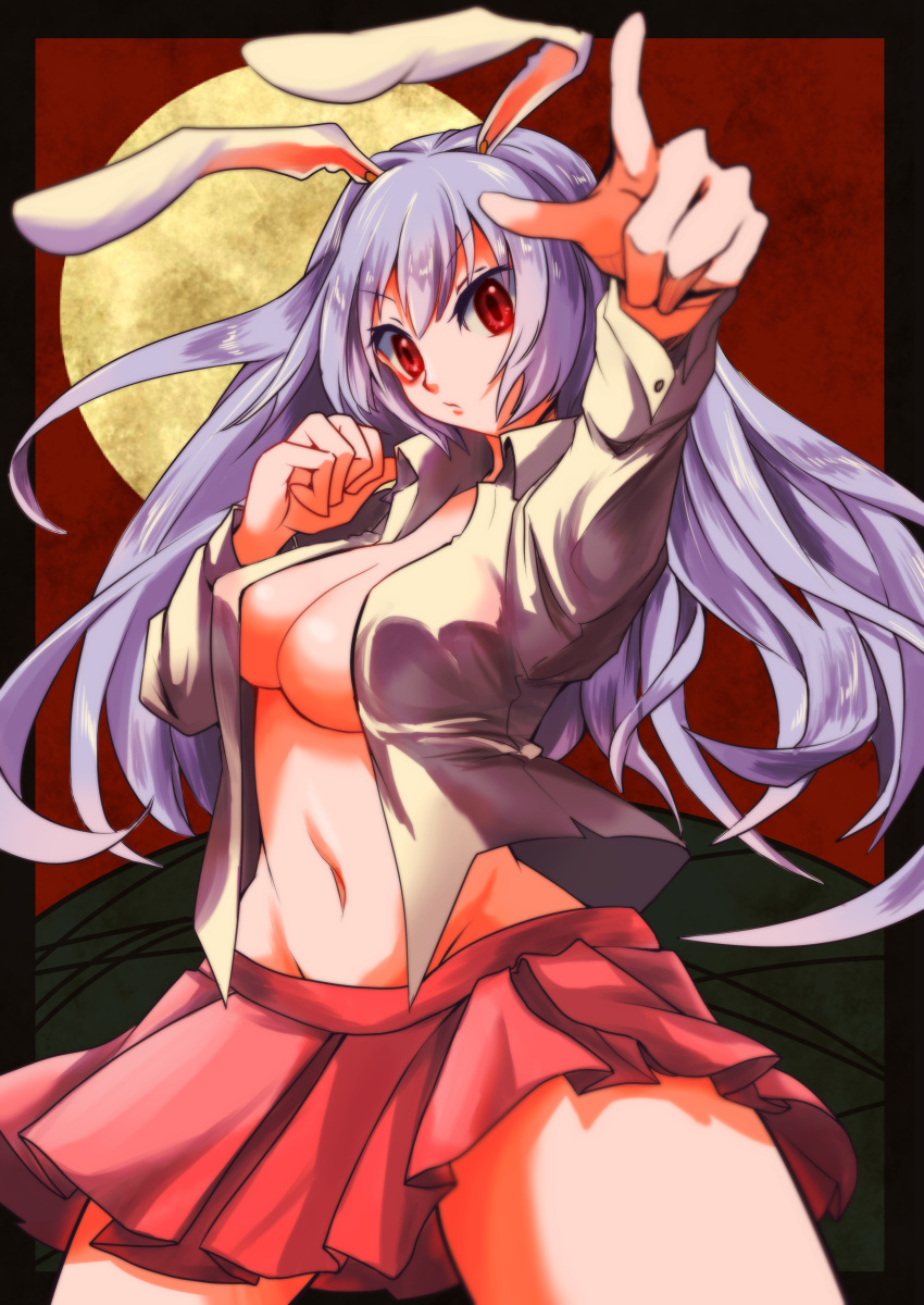 1girl absurdres animal_ears breasts cleavage full_moon groin highres long_hair looking_at_viewer moon navel open_clothes open_shirt pointing purple_hair rabbit_ears red_eyes reisen_udongein_inaba shirt skirt solo touhou