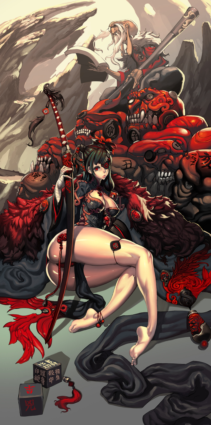 1boy 1girl absurdres ass bandages barefoot beard book breasts cleavage club eyepatch facial_hair feet highres jeffr large_breasts legs lips long_hair lying old_man on_side original panties parted_lips red_eyes shiny shiny_skin short_twintails skirt stretched_earlobes sword twintails underwear weapon white_hair yin_yang