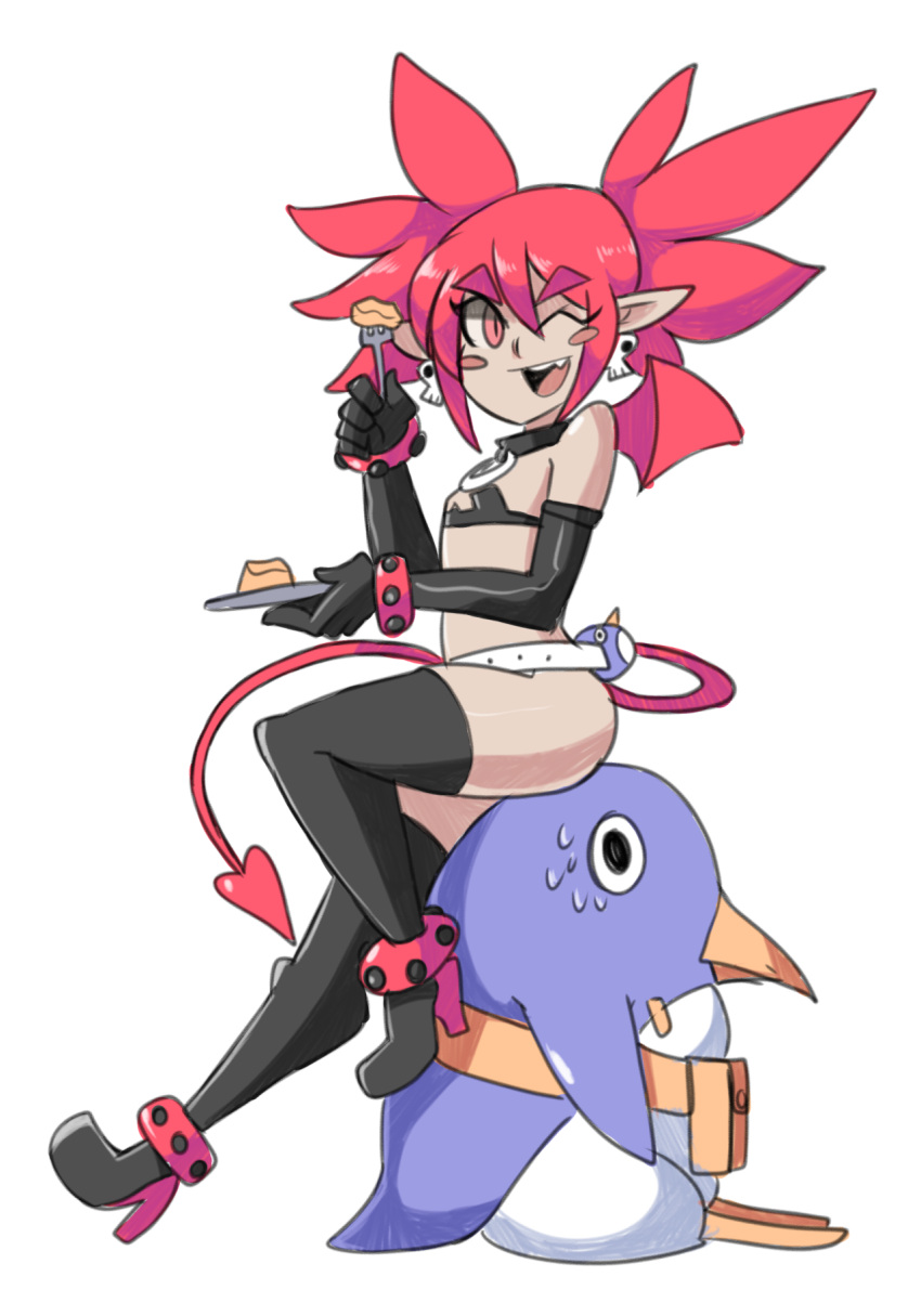 1girl ;) anklet bat_wings belt bigdead93 bikini blush_stickers boots cake demon_girl demon_tail disgaea elbow_gloves etna eyebrows fang flat_chest food fork full_body gloves high_heel_boots high_heels highres jewelry mini_wings one_eye_closed pointy_ears prinny red_eyes redhead sitting sitting_on_person smile sweatdrop swimsuit tail thick_eyebrows thigh-highs thigh_boots twintails wings