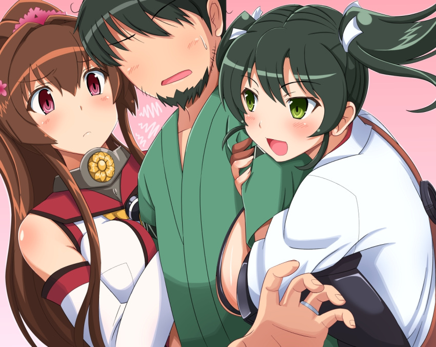 1boy 2girls artist_self-insert black_hair breasts brown_hair detached_sleeves faceless faceless_male flower ganesha girl_sandwich green_eyes japanese_clothes kantai_collection large_breasts long_hair multiple_girls ponytail red_eyes revision sandwiched shin'en_(gyokuro_company) short_hair twintails yamato_(kantai_collection) zuikaku_(kantai_collection)