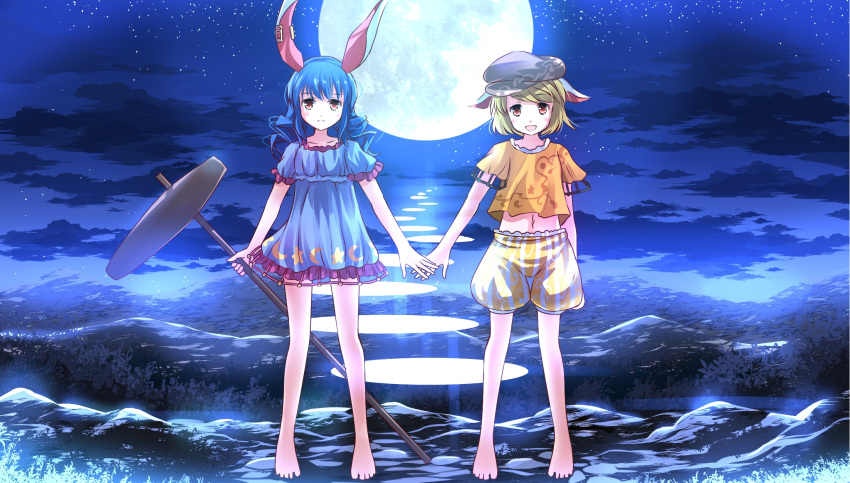 2girls animal_ears baggy_shorts barefoot blue_dress blue_hair clouds dress full_moon hat highres holding_hands mallet midriff moon multiple_girls navel night open_mouth puffy_short_sleeves puffy_sleeves rabbit_ears red_eyes ringo_(touhou) risutaru seiran_(touhou) short_sleeves sky smile star_(sky) starry_sky touhou