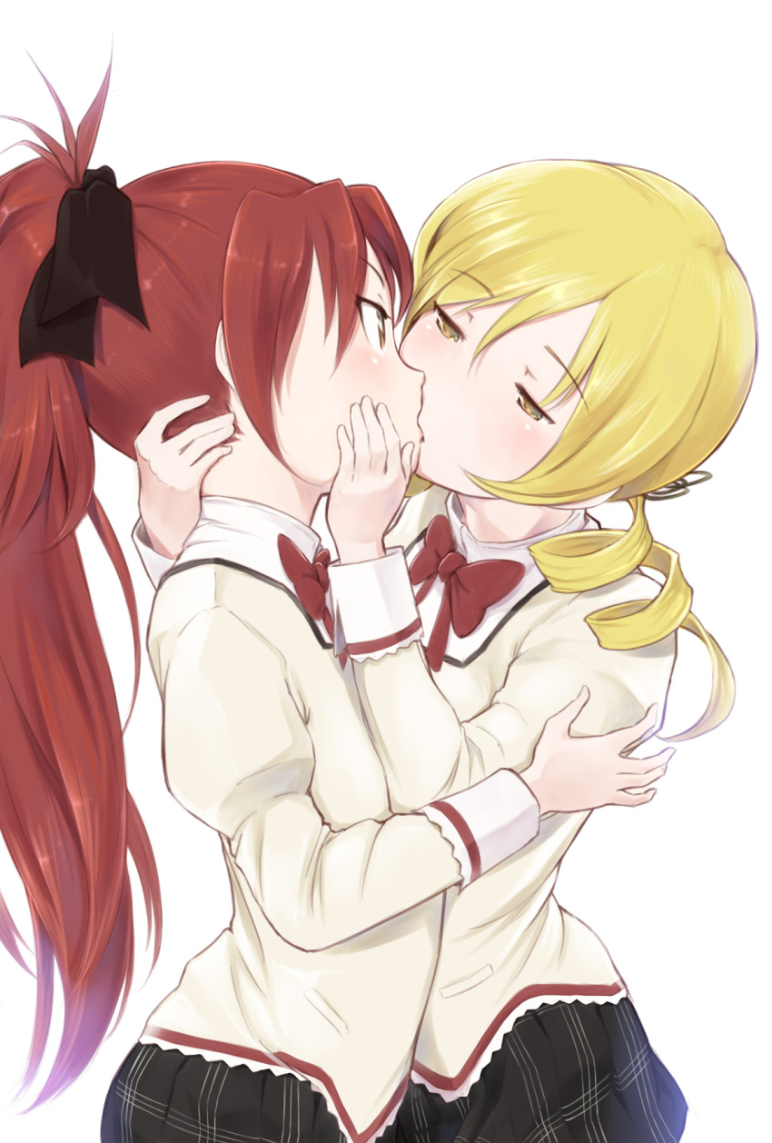 2girls blonde_hair blush drill_hair hair_ornament hairpin highres kiss long_hair mahou_shoujo_madoka_magica multiple_girls plaid plaid_skirt ponytail red_eyes redhead sakura_kyouko school_uniform simple_background skirt tomoe_mami twin_drills twintails wa_(genryusui) white_background yellow_eyes yuri