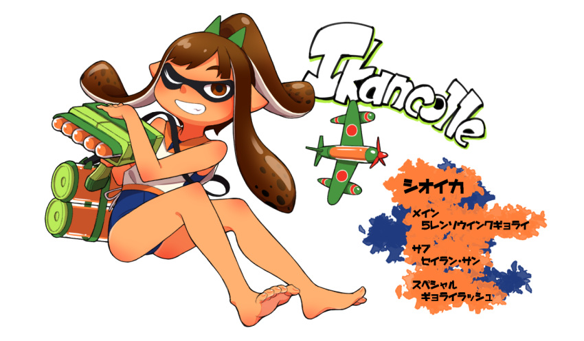 1girl airplane bare_legs bare_shoulders barefoot brown_eyes brown_hair crossover fusion grin i-401_(kantai_collection) inkling kantai_collection kobaru_(katsugeki_palette) looking_at_viewer one_eye_closed pointy_ears ponytail sailor_collar school_swimsuit smile solo splatoon swimsuit swimsuit_under_clothes tan tentacle_hair translation_request weapon