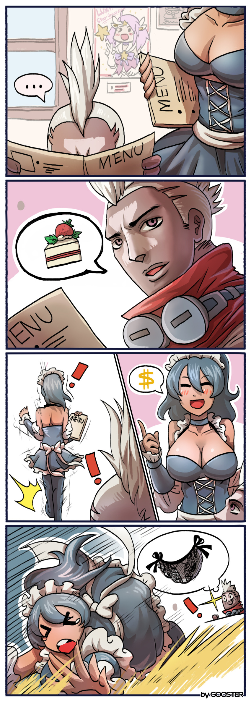 absurdres breasts cake cleavage comic dark_skin dollar_sign ekko_(league_of_legends) food ghost_(gost8643) highres league_of_legends lingerie luxanna_crownguard mohawk panties silent_comic tripping underwear waitress