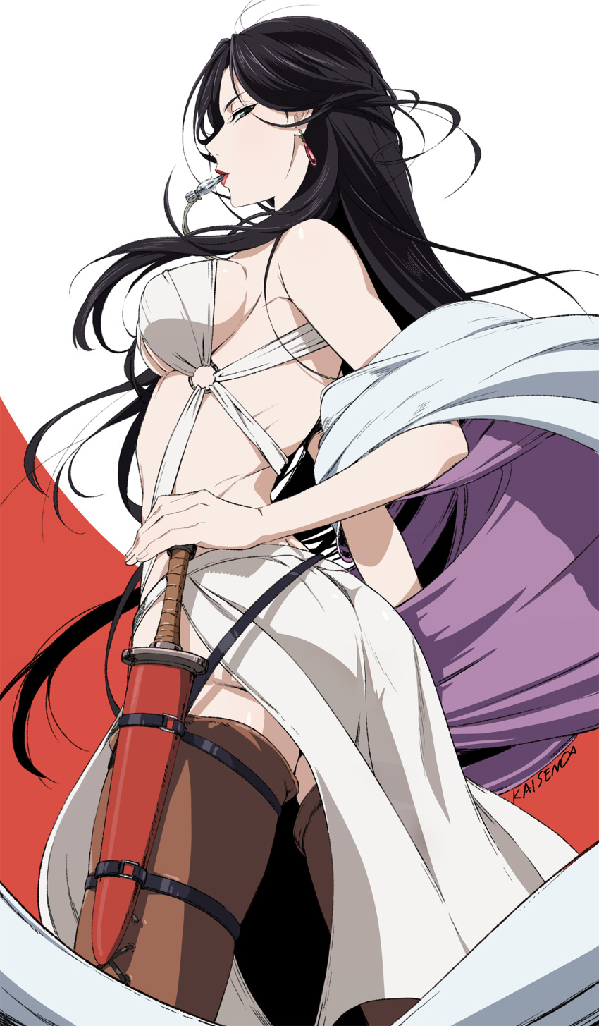 1girl arslan_senki ass bare_shoulders black_hair breasts earrings falangies green_eyes highres jewelry kaisen large_breasts lipstick long_hair makeup red_background shawl sheath sheathed shiny shiny_hair short_sword signature solo sword thigh-highs two-tone_background weapon white_background
