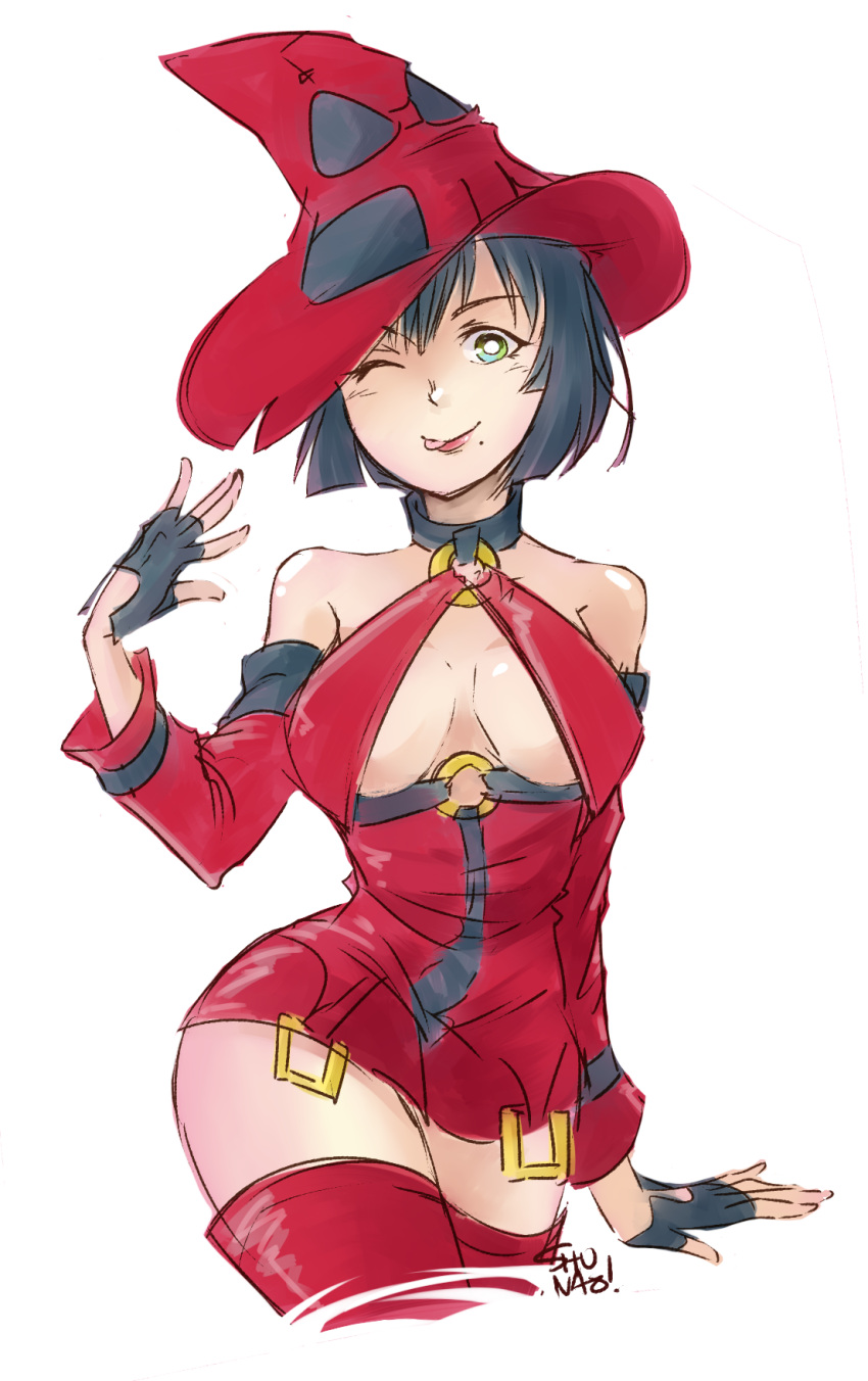 1girl ;q bare_shoulders black_hair breasts choker contrapposto cowboy_shot criss-cross_halter cropped_legs detached_sleeves fingerless_gloves gloves green_eyes guilty_gear halter_top halterneck hat highres i-no looking_at_viewer lyn_(shunao) mole one_eye_closed red_legwear short_hair sideboob solo thigh-highs tongue tongue_out witch_hat
