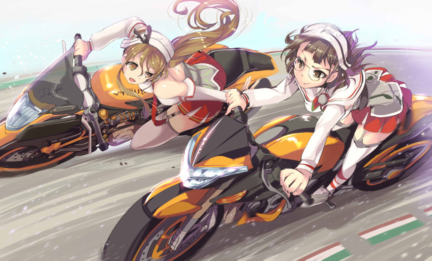 2girls absurdres armadillo-tokage bare_shoulders benelli_zzr1400 breasts brown_eyes brown_hair capelet detached_sleeves garter_straps glasses hair_ornament hat headdress highres kantai_collection large_breasts littorio_(kantai_collection) long_hair miniskirt motor_vehicle motorcycle multiple_girls necktie open_mouth ponytail roma_(kantai_collection) round_glasses short_hair skirt smile thigh-highs vehicle vyrus vyrus_984c3_2v zettai_ryouiki