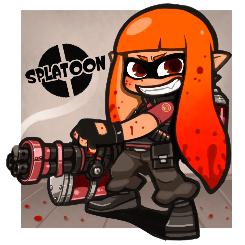 1girl blood blood_on_face cosplay fang fingerless_gloves full_body gloves grin gun highres inkling long_hair looking_at_viewer mask minigun orange_hair red_eyes sarikyou smile solo splatoon team_fortress_2 tentacle_hair the_heavy the_heavy_(cosplay) twintails weapon