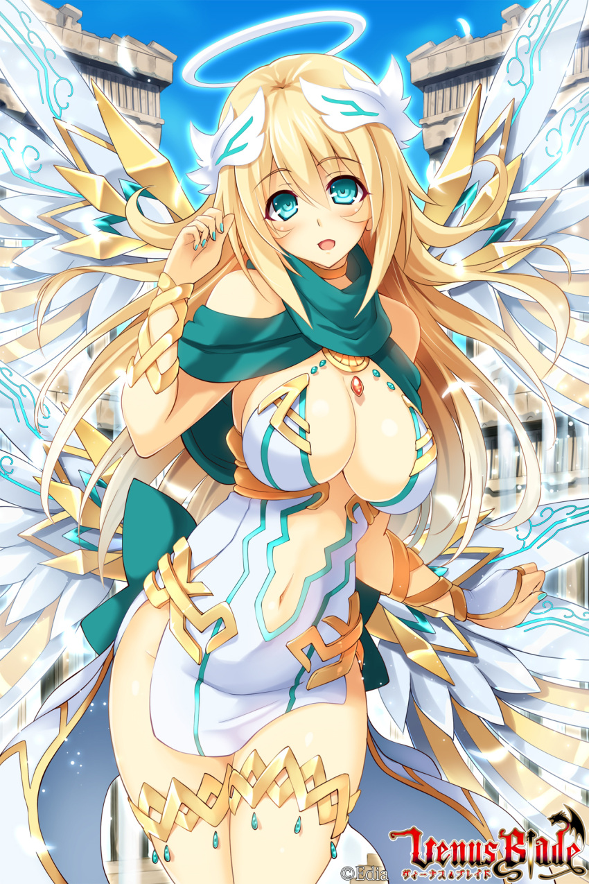 1girl angel blonde_hair breasts center_opening cleavage green_eyes halo highres kikyou-0423 long_hair navel official_art solo thigh_strap venus_blade wings