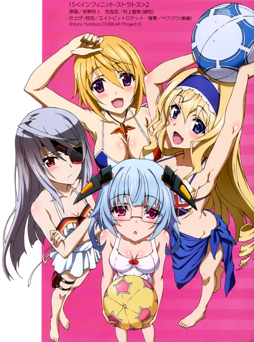 4girls :d :o anno_masato ball barefoot beachball bikini breasts cecilia_alcott charlotte_dunois cleavage eyepatch feet glasses hairband highres infinite_stratos laura_bodewig long_hair megami multiple_girls official_art open_mouth sarashiki_kanzashi sarong short_hair smile swimsuit tagme