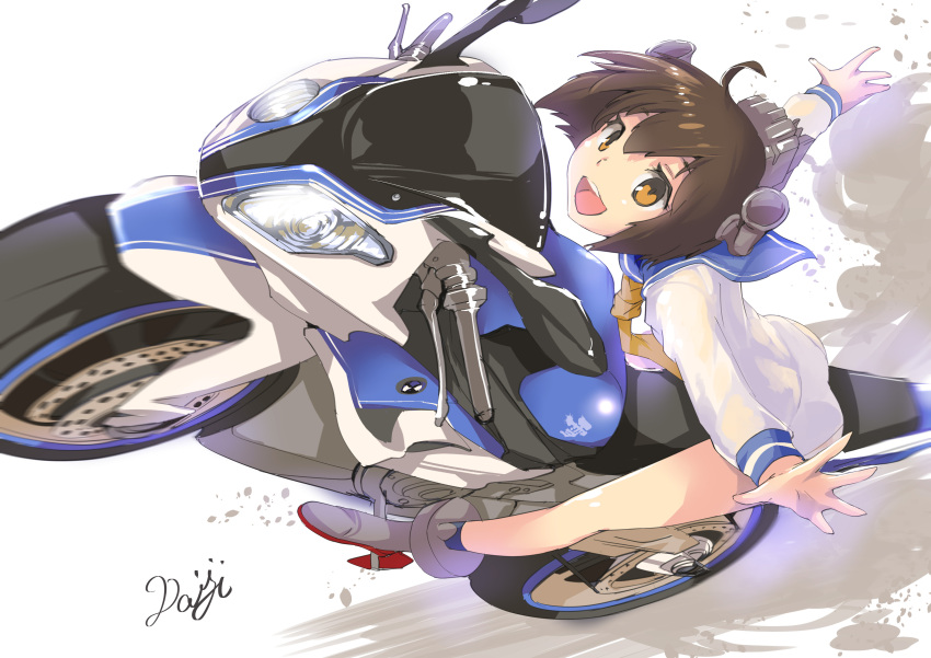 1girl :d absurdres armadillo-tokage bmw bmw_s1000rr brown_eyes brown_hair headgear highres kantai_collection long_sleeves looking_at_viewer motor_vehicle motorcycle neckerchief open_mouth sailor_collar sailor_dress short_hair signature smile vehicle yukikaze_(kantai_collection)