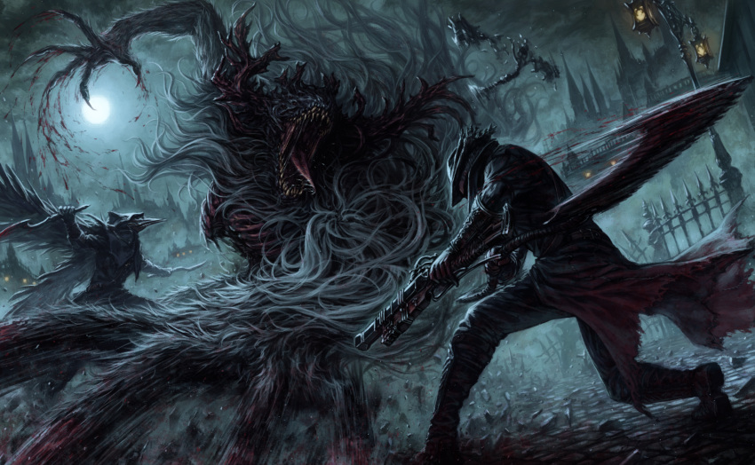 battle blood bloodborne bloody_clothes bloody_weapon boots capelet cleric_beast cloak clouds dual_wielding eileen_the_crow full_moon gloves gun hat highres hunter_(bloodborne) mask monster moon night night_sky open_mouth plague_doctor ribs saw_cleaver short_hair sky tatsuya_(atelier_road) weapon
