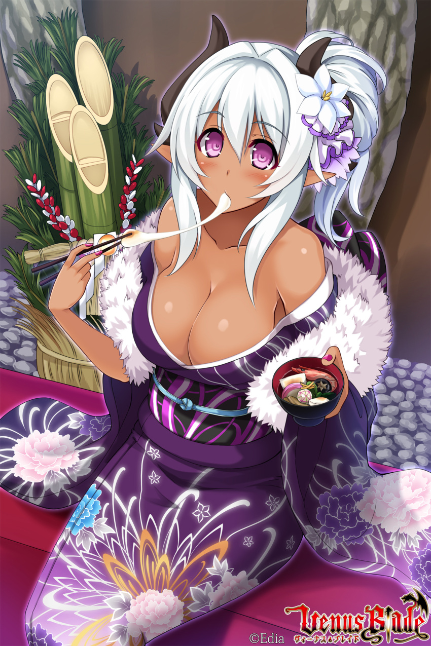 1girl breasts cleavage food highres horns japanese_clothes kikyou-0423 off_shoulder official_art pointy_ears ponytail short_hair silver_hair solo venus_blade violet_eyes