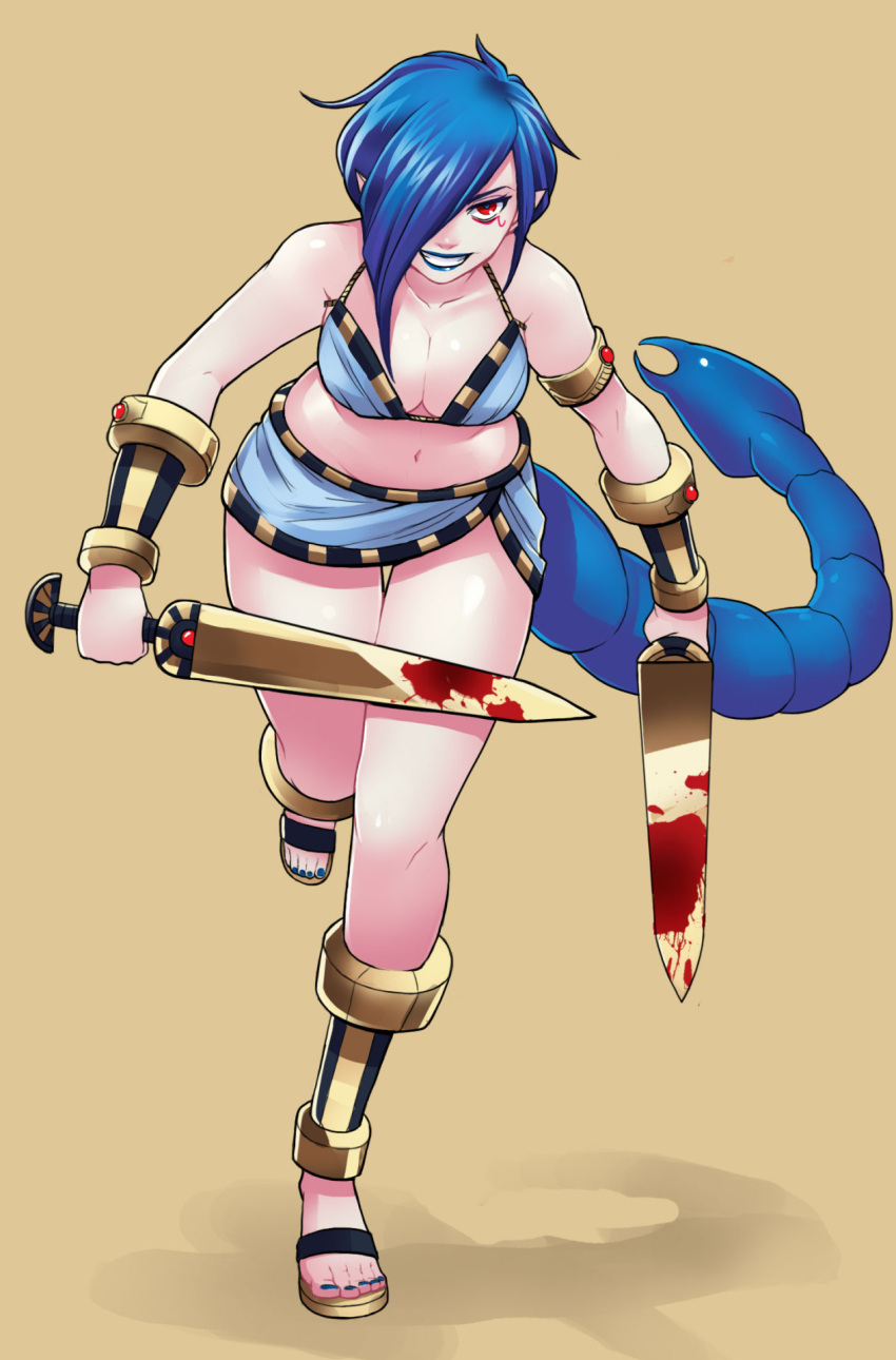 1girl armlet barefoot_sandals blood bloody_weapon blue_hair blue_lipstick bracer braid breasts cleavage dual_wielding dungeons_and_dragons egyptian eyeliner full_body greaves greenmarine grin hair_over_one_eye highres lipstick long_hair looking_at_viewer makeup miniskirt original pointy_ears red_eyes samia_of_the_shifting_sands scorpion_tail short_sword single_braid skirt smile solo sword tail toenail_polish toes weapon