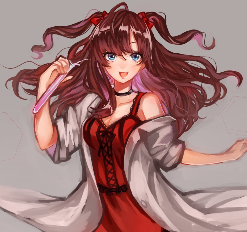 1girl :d ahoge bangs black_ribbon bow breasts brown_hair choker cleavage collarbone cowboy_shot dress grey_background hair_bow highres holding ichinose_shiki idolmaster idolmaster_cinderella_girls ilo labcoat liquid long_hair looking_at_viewer off_shoulder open_mouth red_bow red_dress ribbon simple_background sleeveless sleeveless_dress smile test_tube two_side_up