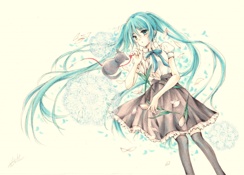 1girl aqua_eyes aqua_hair cat flower hatsune_miku highres long_hair marker_(medium) naruse_hizuki petals red_string skirt string thigh-highs traditional_media twintails very_long_hair vocaloid