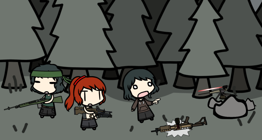 1girl 2boys arma_(series) arma_3 assault_rifle battle_rifle boulder bullpup chibi fia_(arma) fn_eglm grenade_launcher gun hachimaki heavy_machine_gun hoodie laser laser_sight m14 machine_gun mark_200 midriff mofumofunya_(myonnyanmukyuu) rock sentry_gun surprised tagme tavor_tar-21 trees turret walfas weapon xm312